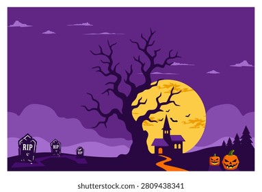 Horizontal Halloween landscape vector background with a large creepy dead tree silhouette in the center. Features a glowing full moon and haunted house on the right side, ancient RIP tombstones on the left, and copy space for text. It is perfect for greeting cards, party invitations, and seasonal banners.