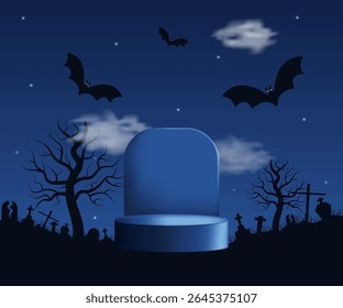 Horizontal Halloween mockup with bats, podium and spooky trees. Space for text or product design. Vector illustration