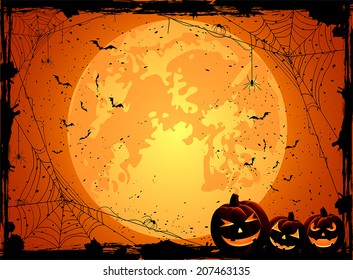 Horizontal Halloween night background with Moon, spiders and Jack O' Lanterns, illustration.