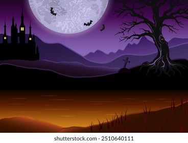 Fondo Horizontal del cartel de Halloween con el espacio de la copia. Paisaje brumoso con montañas, pantano brillante, castillo viejo, casa, árbol, luna grande. Ilustración mística de otro mundo.