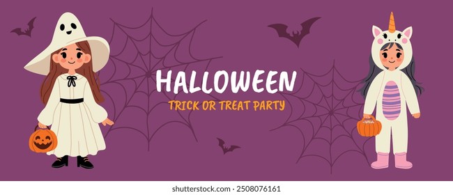 Horizontal Halloween poster with kids in ghost and unicorn costumes. Halloween banner design template. Children flat graphic vector illustration isolated on purple background. 