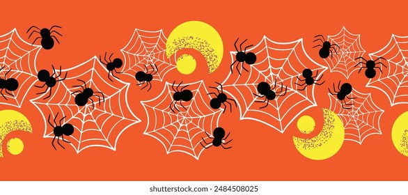 Horizontal Halloween spiders and spiderweb pattern design