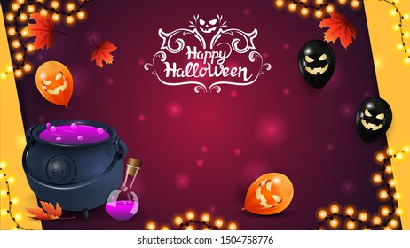Horizontal Halloween template for your arts with autumn leafs, Halloween balloons, garland and witch's cauldron with potion. Template for postcard, poster, banner