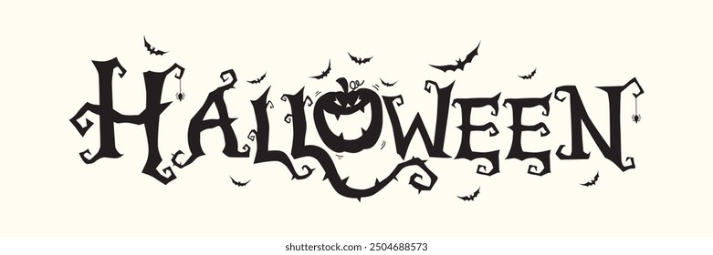 Horizontal Halloween Text Banner With Flying Bats, Pumpkin , White Background Vector.