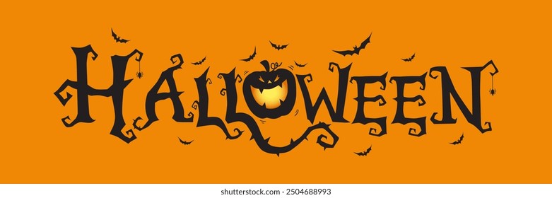 Horizontal Halloween Text Banner With Flying Bats, Pumpkin , Orange Background Vector.