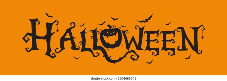 Horizontal Halloween Text Banner With Flying Bats, Pumpkin , Vector.