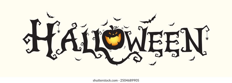 Horizontal Halloween Text Banner With Flying Bats, Pumpkin , White Background Vector.