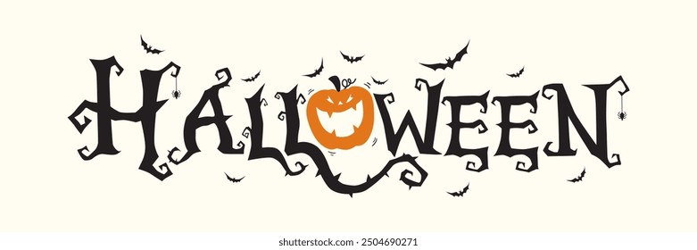 Horizontal Halloween Text Banner With Flying Bats, Pumpkin , White Background Vector.