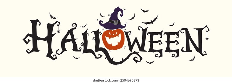 Horizontal Halloween Text Banner With Flying Bats, Pumpkin , Vector.