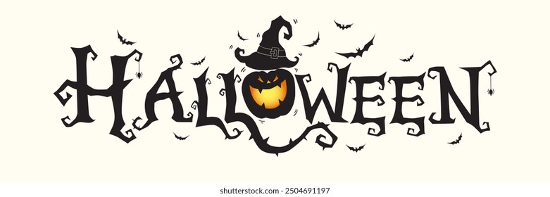 Horizontal Halloween Text Banner With Flying Bats, Pumpkin , White Background Vector.