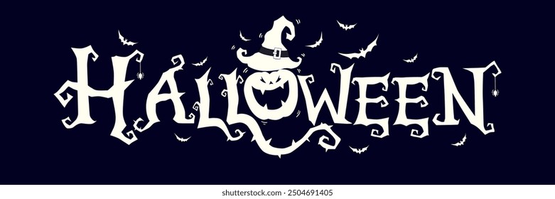 Horizontal Halloween Text Banner With Flying Bats, Pumpkin , Vector.