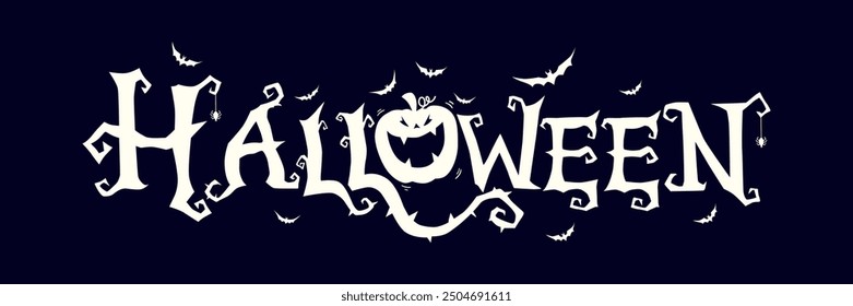 Horizontal Halloween Text Banner With Flying Bats, Pumpkin , Dark Background  Vector.