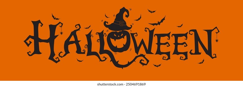 Horizontal Halloween Text Banner With Flying Bats, Pumpkin , Orange Background Vector.