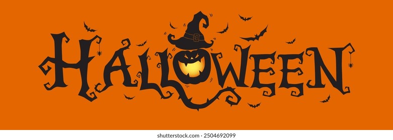 Horizontal Halloween Text Banner With Flying Bats, Pumpkin , Orange Background Vector.