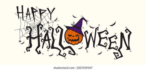 Horizontal Halloween Text Banner With Flying Bats, Pumpkin, and spider Vector.