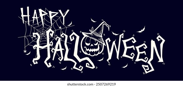 Horizontal Halloween Text Banner With Flying Bats, Pumpkin, and spider Vector. Dark Background.