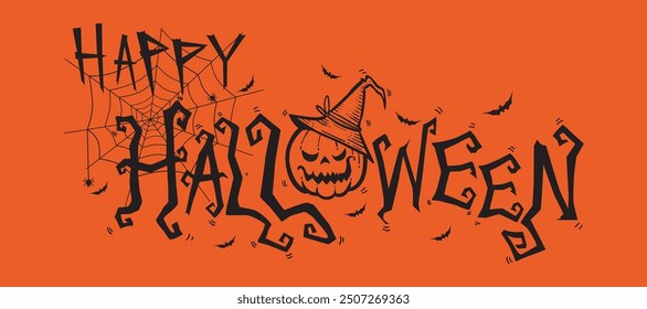 Horizontal Halloween Text Banner With Flying Bats, Pumpkin, and spider Vector. Orange Background