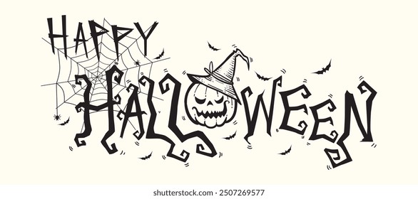 Horizontal Halloween Text Banner With Flying Bats, Pumpkin, and spider Vector.