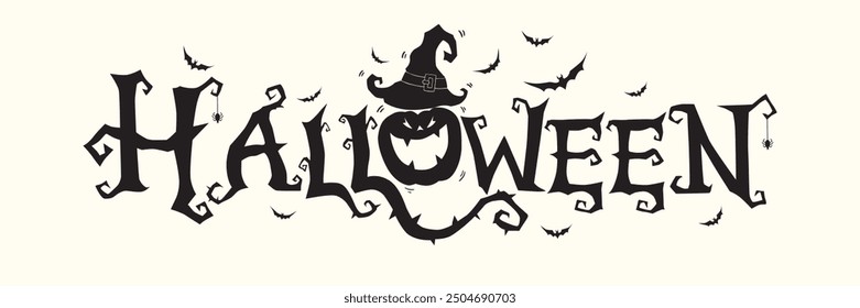 Horizontal Halloween Text Logo Banner With Flying Bats, Pumpkin , White Background Vector.