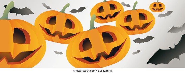 Horizontal Halloween themed illustration with a pumpkins and bats. Halloween. Halloween background.  Banner. Halloween party. Halloween icons. Halloween pumpkin.