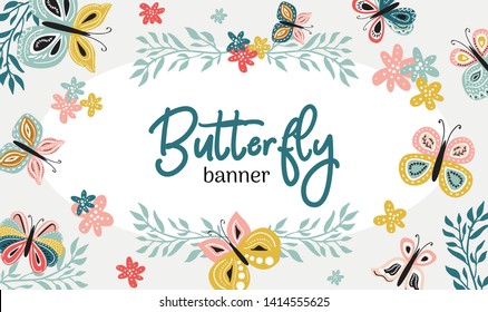 Horizontal hand drawn banner or flyer design with cute colorful butterflies and branches. Vector summer and spring childish illustration in modern scandinavian style with text space