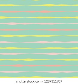 Horizontal hand drawn lines seamless vector background. Pink coral yellow lines on green. Abstract pattern design. Abstract geometric lines doodle background. Texture for summer, spring, Easter, cards
