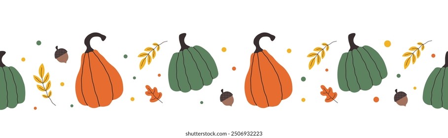 Horizontal hand drawn pattern with pumpkins, leaves and acorns. Seamless vector background.