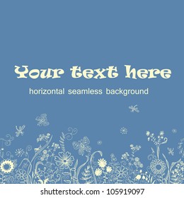 Horizontal  hand drawn  seamless border with meadow herbs and flowers and butterflies. Vector illustrations