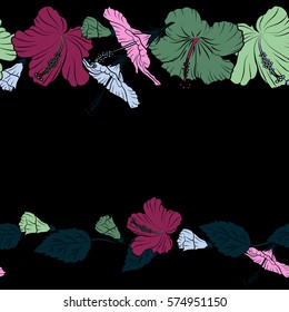 Horizontal hand painted illustration with copy space (place for your text) in purple and pink colors. Vector tropical leaves and purple and pink flowers seamless pattern.