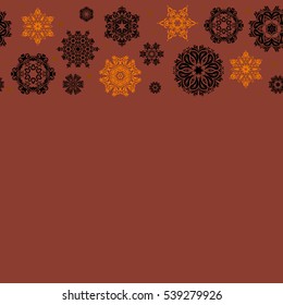 Horizontal hand painted pattern with copy space (place for your text). Vector seamless pattern with abstract hand drawn snowflakes design on a brown background.