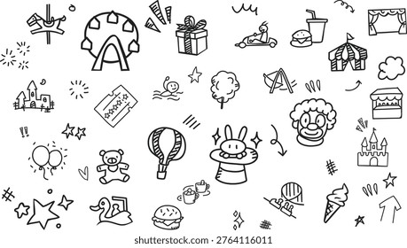 A horizontal hand-drawn doodle background featuring amusement park elements.