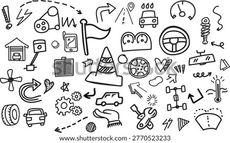 Horizontal hand-drawn doodle of car maintenance and parts. Featuring creative sketches of shock absorbers, GPS, tires, and caring hands for automotive insurance and repair banners.