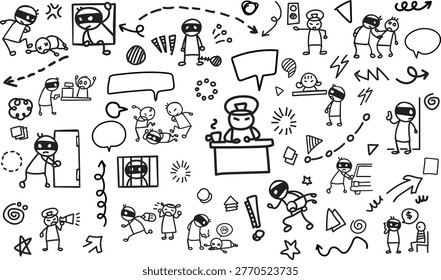 Horizontal hand-drawn doodle of crime and robbery activities. Featuring creative cartoon sketches of thieves, jail, safe cracking, police chases, and ransom situations for law
 enforcement and security-themed backgrounds.