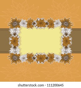 Horizontal hand-drown floral scrapbook-style card with floral seamless pattern on background
