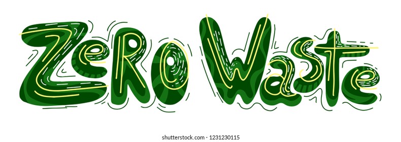 Horizontal handwritten green lettering Zero waste with ornaments. Ecological illustration. The object is separate from the background. Vector element for your design