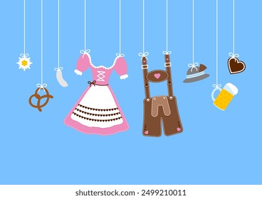 Horizontal Hanging Oktoberfest Symbols Hat Pink Brown Blue Background