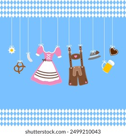 Horizontal Hanging Oktoberfest Symbols Hat Pink Brown Diamond Pattern Border Blue Background