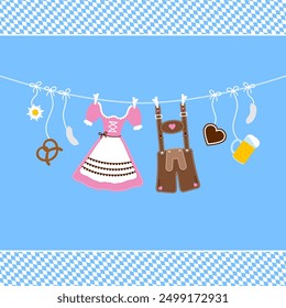 Horizontal Hanging Symbols Oktoberfest Border Diagonal Pattern Brown Pink Blue Background