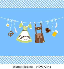 Horizontal Hanging Symbols Oktoberfest Border Diagonal Pattern Brown Green Blue Background