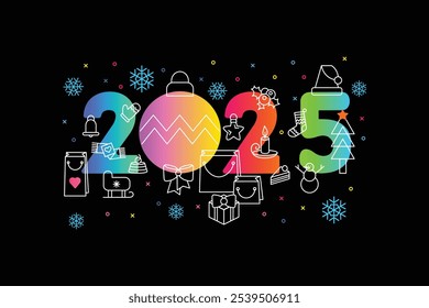 Horizontal Happy 2025 New Year Holiday poster in night disco dance colors with date 2025 and holiday toys and gifts. Template for printing, announcement poster inviting guests to celebration. Vector