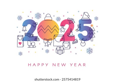 Horizontal Happy 2025 New Year A4 Holiday poster in white blue colors with 2025 and Happy New Year congratulation. Template for printing, announcement poster for inviting guests to performance. Vector