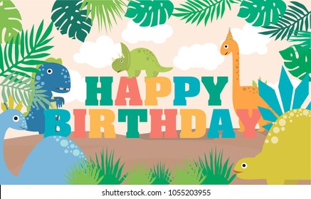 Horizontal Happy Birthday Poster With Fun Dinosaur. Vector Illustration