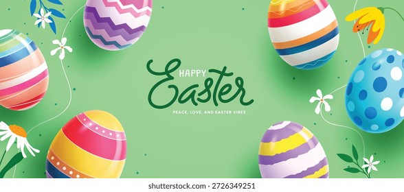 Un Anuncio Horizontal de Pascua feliz con una colección de huevos brillantes realistas en 3D, delicadas flores blancas y hojas botánicas dispersas sobre un fondo verde claro.