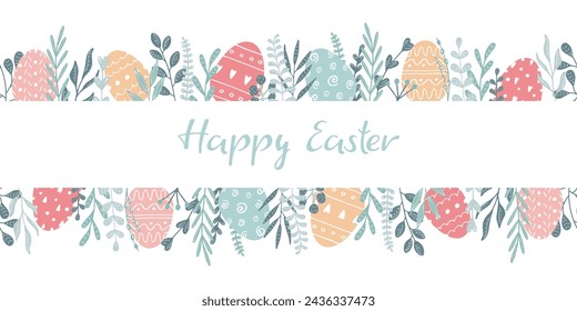 Horizontal Happy Easter Banner. Endless Natural Border in Scandinavian style. Egg Hunt Background. Frame from plants branches and Eggs. Spring Holiday header