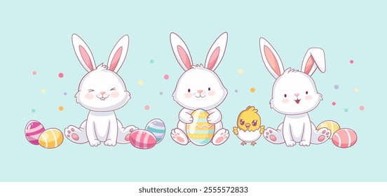 Horizontal Happy Easter greeting card with cute yellow chickcen, colorful eggs, white bunny and rabbit. Holiday cartoon character. Vector.