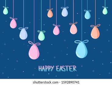 Horizontal happy easter postcard in trendy classic blue colors.Vector illustration Hand drawn lettering.Easter multi-colored eggs on a rope with a bow.Dark banner,invitation.
Doodle minimalist style.