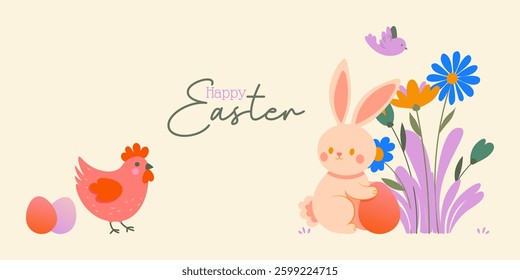 Horizontal Happy Easter Poster in a Modern and Trendy Minimalist Style. Easter eggs, bunny, flowers and chickens. Perfect for holiday cover or web banner design template.