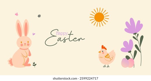 Horizontal Happy Easter Poster in a Modern and Trendy Minimalist Style. Easter eggs, bunny, flowers and chickens. Perfect for holiday cover or web banner design template.