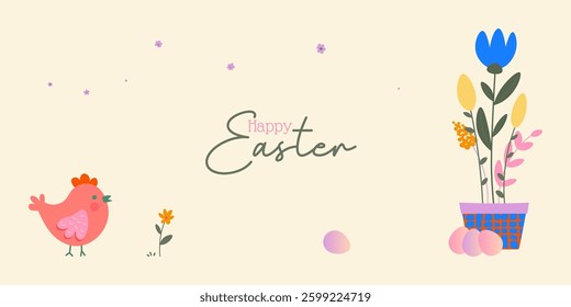 Horizontal Happy Easter Poster in a Modern and Trendy Minimalist Style. Easter eggs, bunny, flowers and chickens. Perfect for holiday cover or web banner design template.