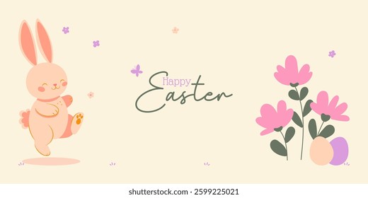 Horizontal Happy Easter Poster in a Modern and Trendy Minimalist Style. Easter eggs, bunny, flowers and chickens. Perfect for holiday cover or web banner design template.
